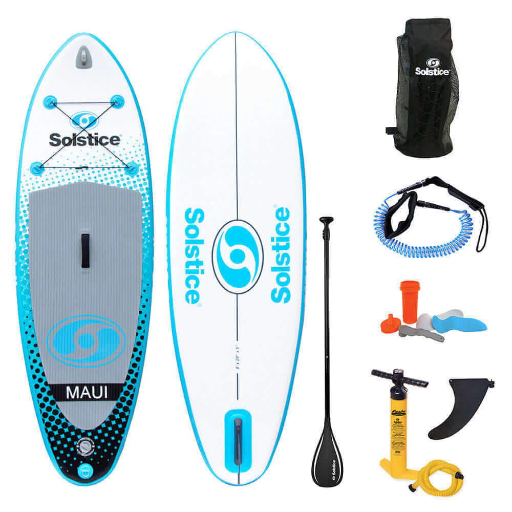 Solstice Maui Youth Inflatable Stand-Up Paddleboard with accessories, paddle, pump, and carry bag