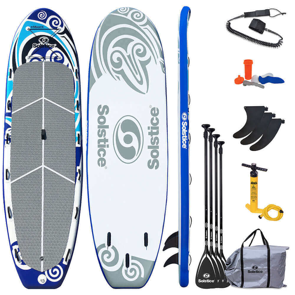 Solstice Watersports 16' Maori Giant Inflatable Paddleboard set with leash, paddles, and accessories.