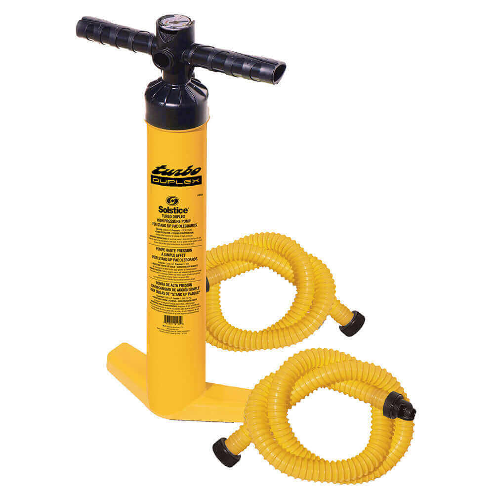 Solstice Watersports Turbo Duplex High Pressure Pump with two yellow hoses and built-in pressure gauge.