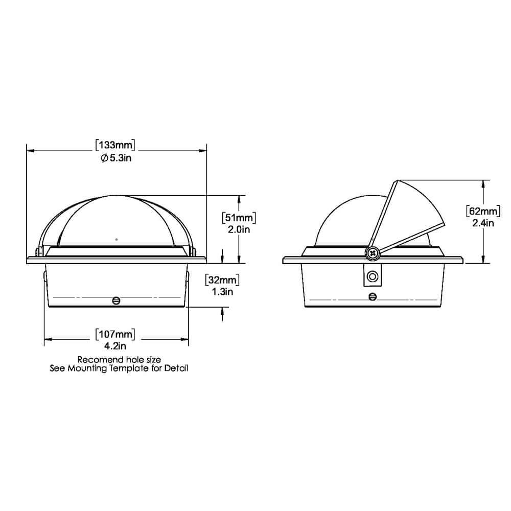 Technical diagram of Ritchie F-83 Voyager Compass, illustrating dimensions and flush mount installation.