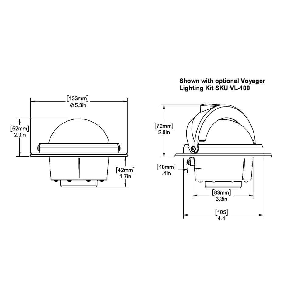 Diagram of Ritchie RU-90 Voyager Compass with dimensions for flush mount installation in black.