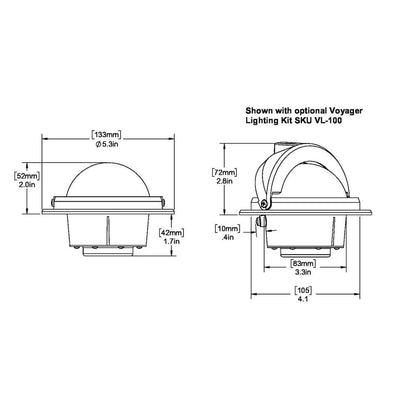 Diagram of Ritchie RU-90 Voyager Compass with dimensions for flush mount installation in black.