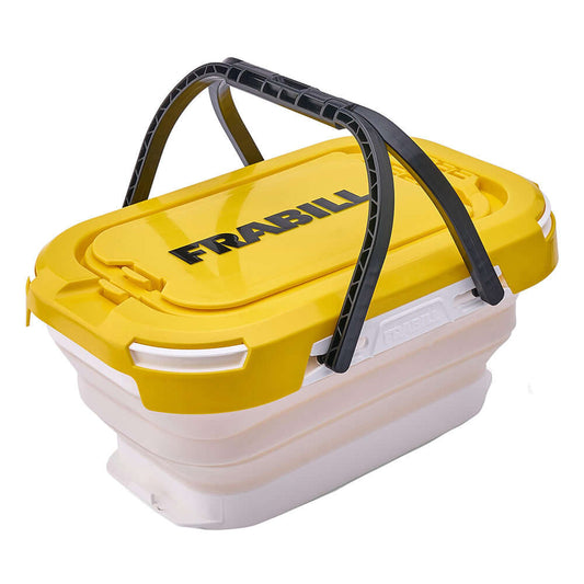 Frabill Collapsible Bait Bucket with yellow lid and handles, featuring an aerator for easy bait management.