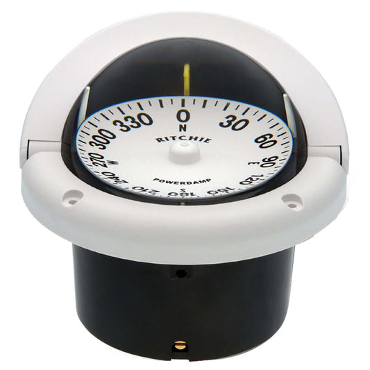 White Ritchie HF-742W Helmsman Compass with open face dial and green night illumination.