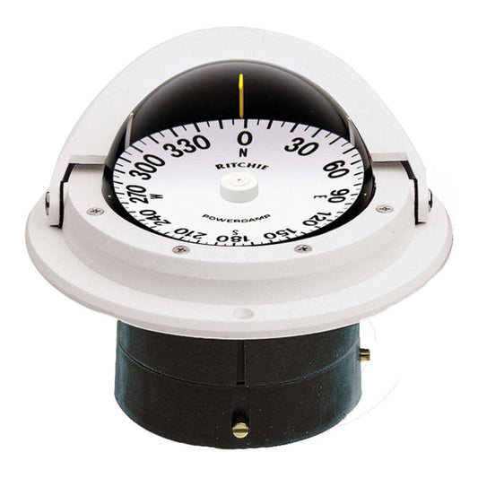 Ritchie F-82W Voyager Compass, flush mount, white, with PowerDamp flat dial and Night Illumination