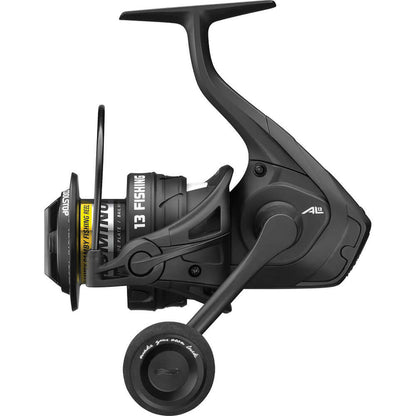 13 Fishing AL13 spinning reel with aluminum construction and Coolstop drag system, side view.