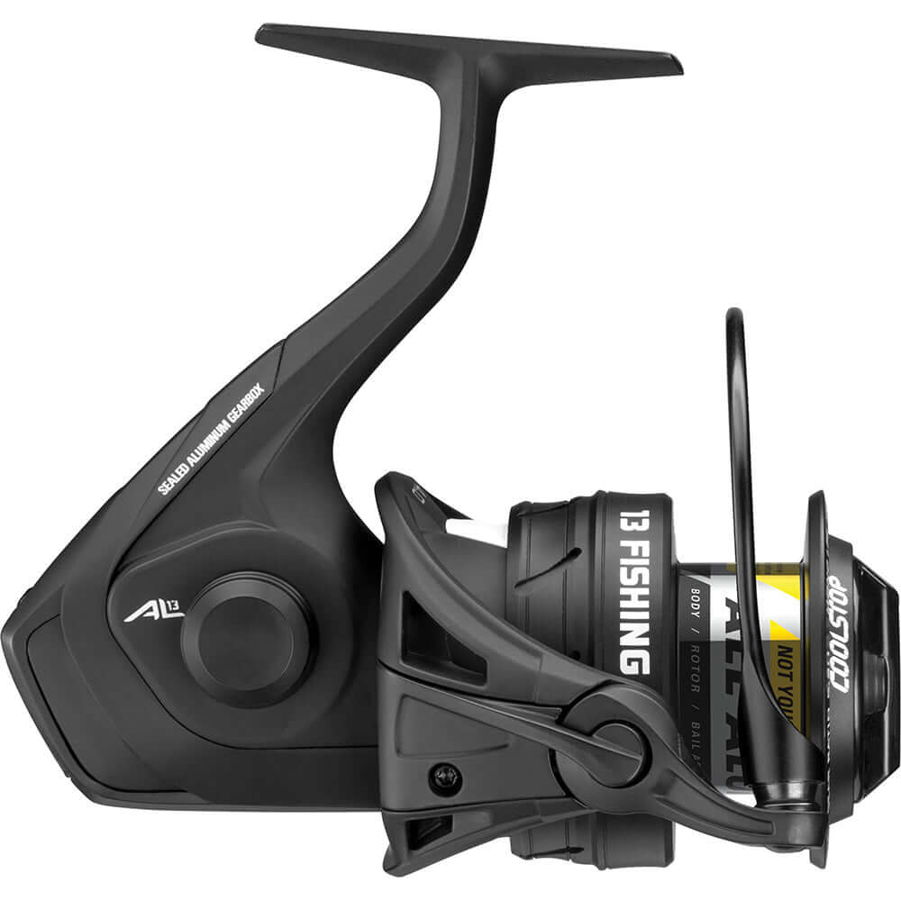 13 Fishing AL13 Spinning Reel in black, featuring aluminum construction and a sleek design.