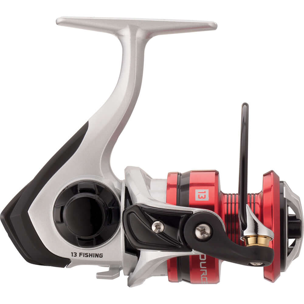 13 Fishing Source F Spinning Reel 5.2:1 with HTS Frame and Aluminum Spool, side view.