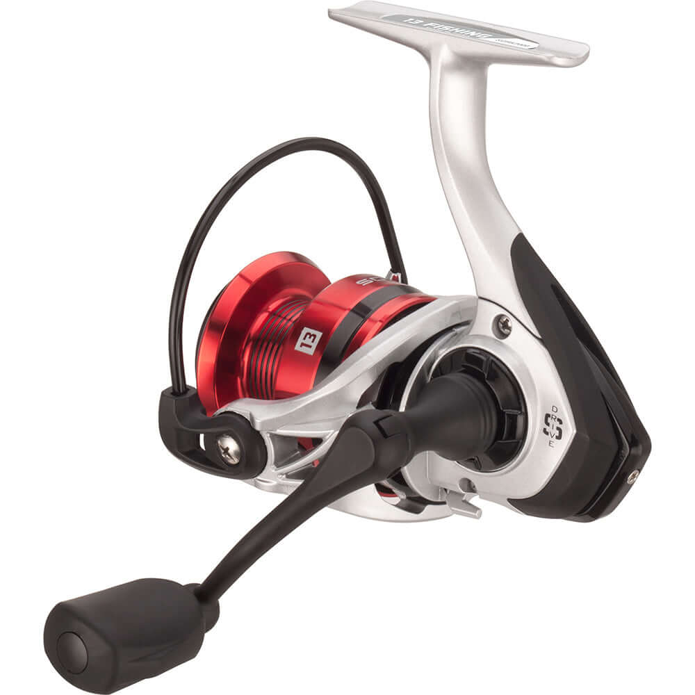 13 Fishing Source F Spinning Reel with red aluminum spool and black handle, model SORF-5.2-3.0-CP