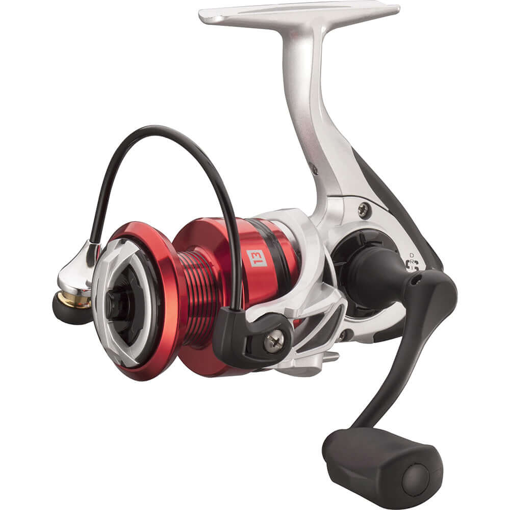 13 Fishing Source F Spinning Reel in silver and red, featuring an ergonomic handle and advanced design.