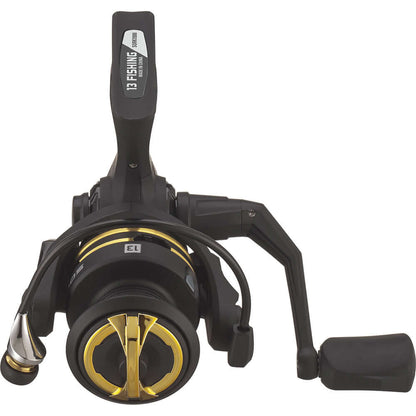 13 Fishing Source R Spinning Reel with HTS components and aluminum spool, featuring a soft touch handle knob.