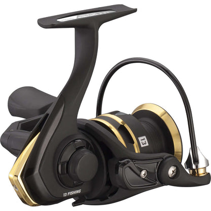 13 Fishing Source R Spinning Reel with Black and Gold Design, Ported Aluminum Spool, HTS Frame, and Fat Bail Wire