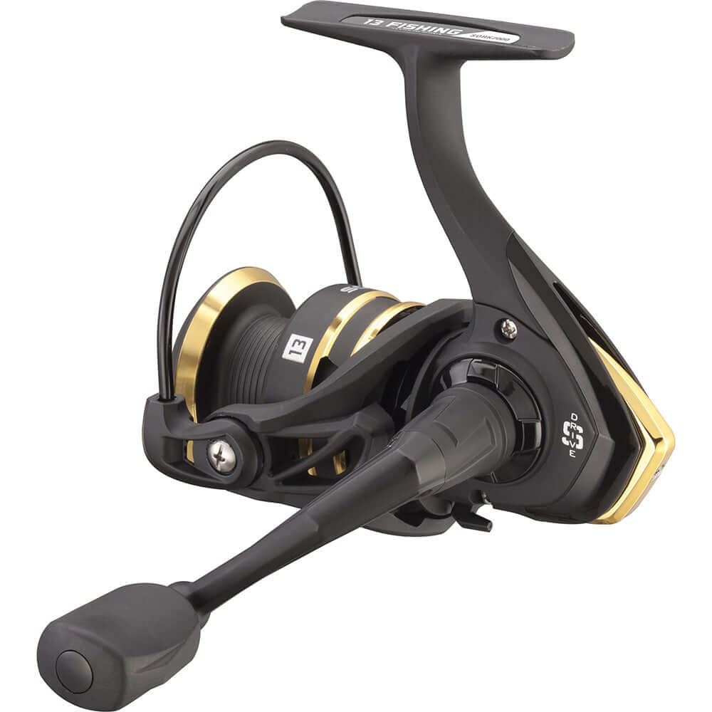 13 Fishing Source R Spinning Reel with HTS components, black and gold design, and soft touch handle knob.