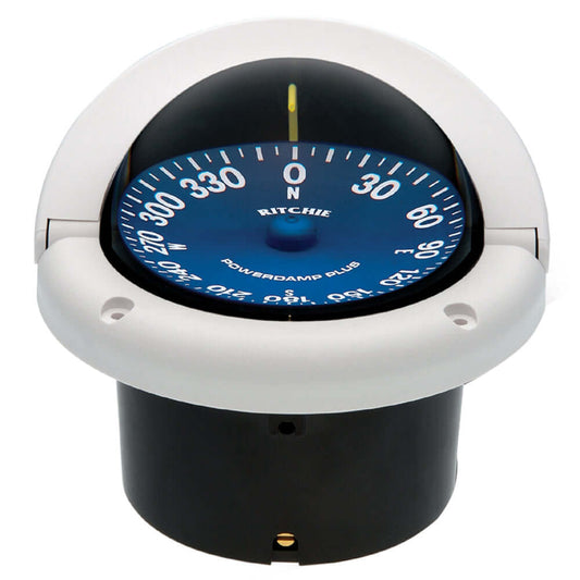 Ritchie SuperSport SS-1002W Compass with blue PowerDamp Plus dial and white flush mount.