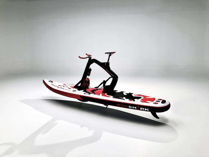 Innovative Red Shark fitness board on display, featuring a black frame and sleek design for water workouts.