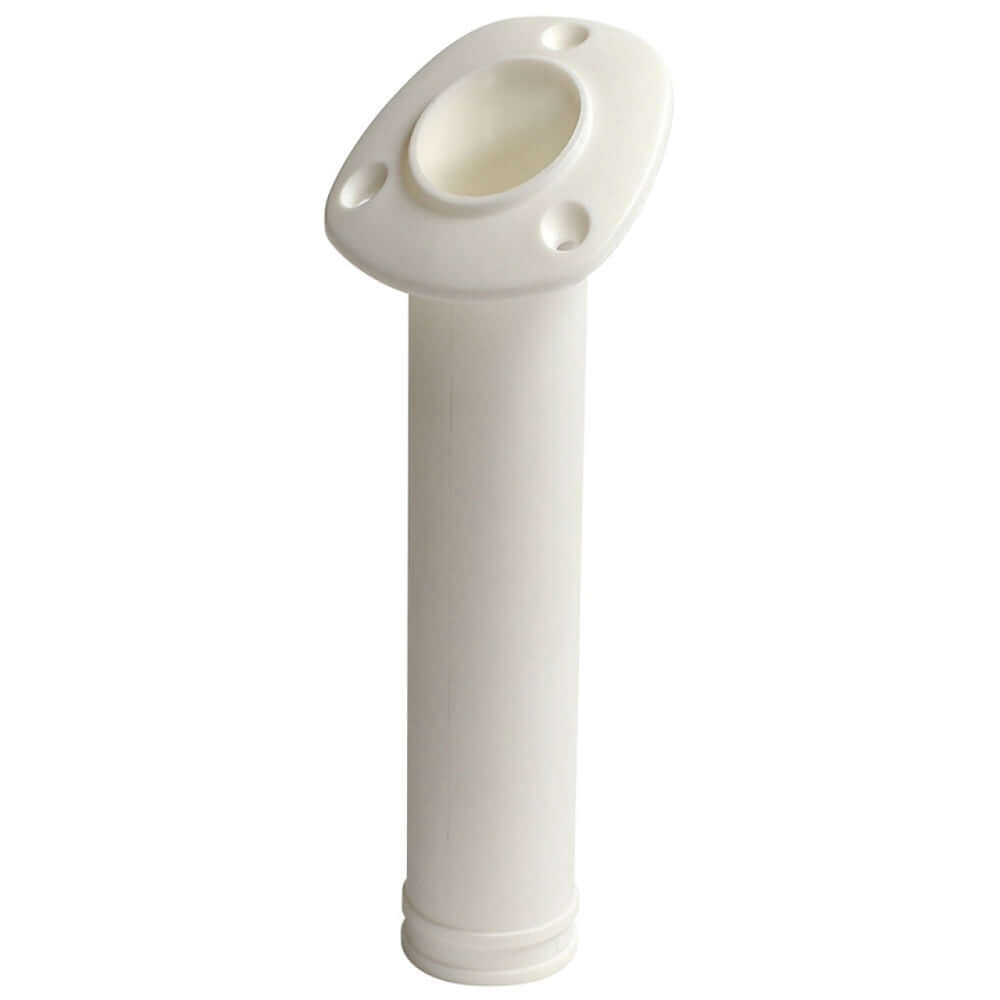 White nylon rod holder with flush mount and 30-degree angle for fishing rods, corrosion-free and UV-resistant.