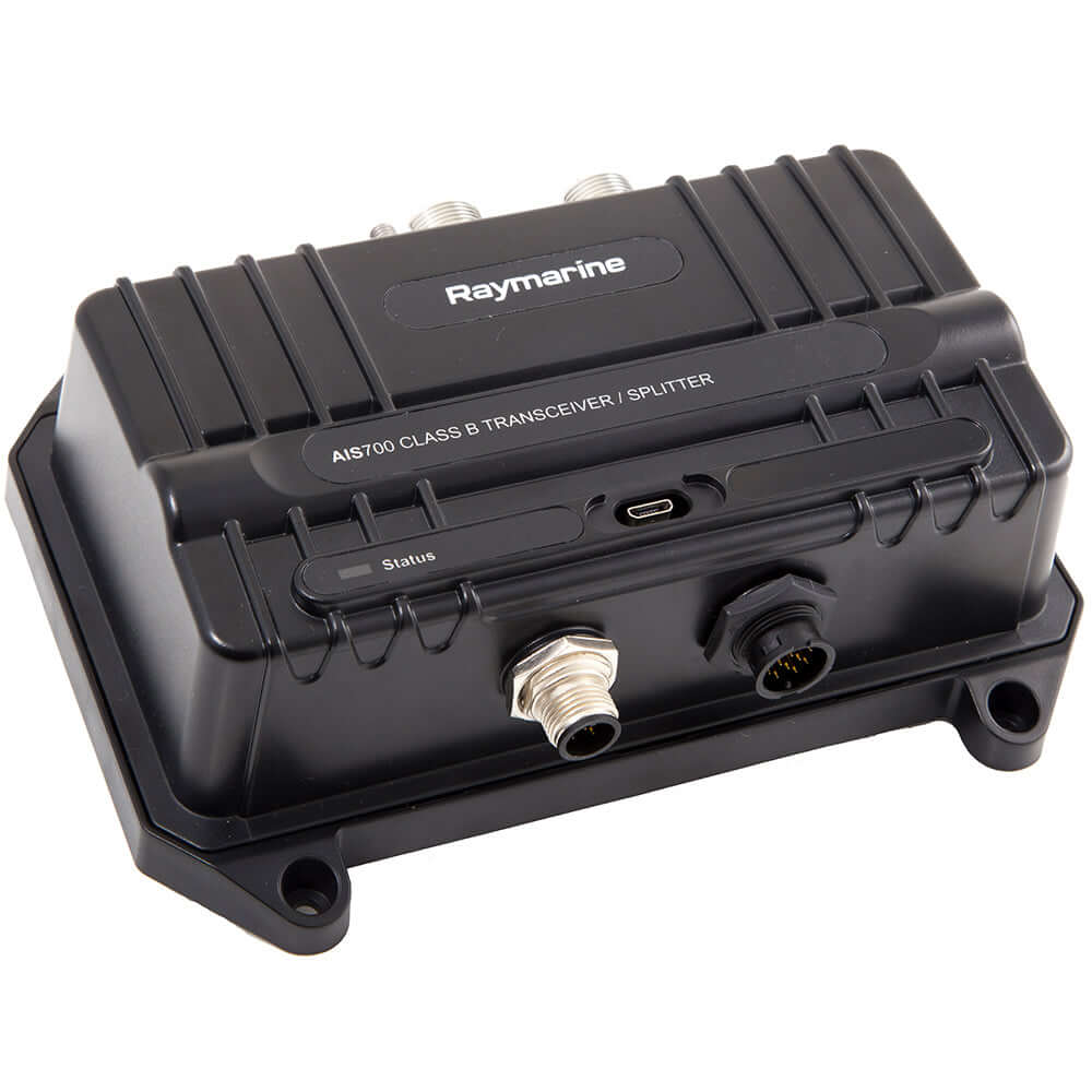 Raymarine AIS700 Class B AIS transceiver with antenna splitter, model E70476, black unit.