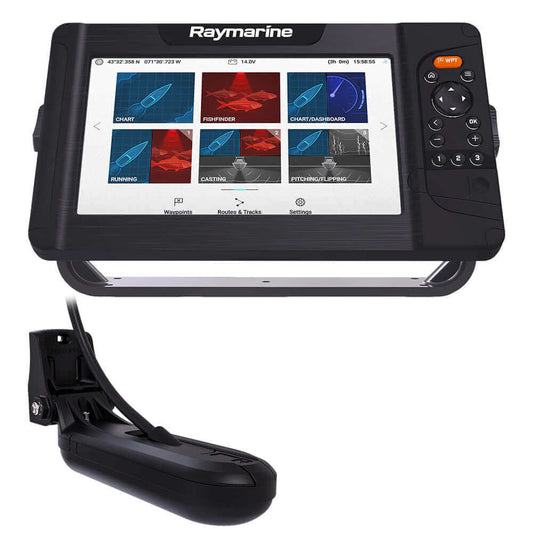 Raymarine Element 9 HV Combo with HV-100 Transducer and screen displaying sonar and GPS features.