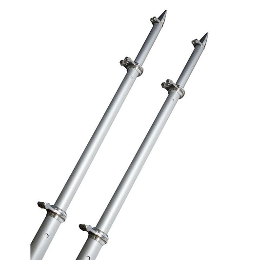 Silver TACO 18' Deluxe Outrigger Poles with swivel rollers for offshore trolling.