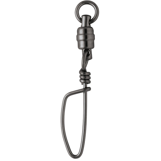 Black stainless steel heavy-duty ball bearing snap swivel with welded ring for saltwater fishing.