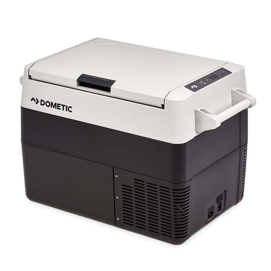 Dometic CFF 45 portable powered cooler with double-hinged lid and sleek design.