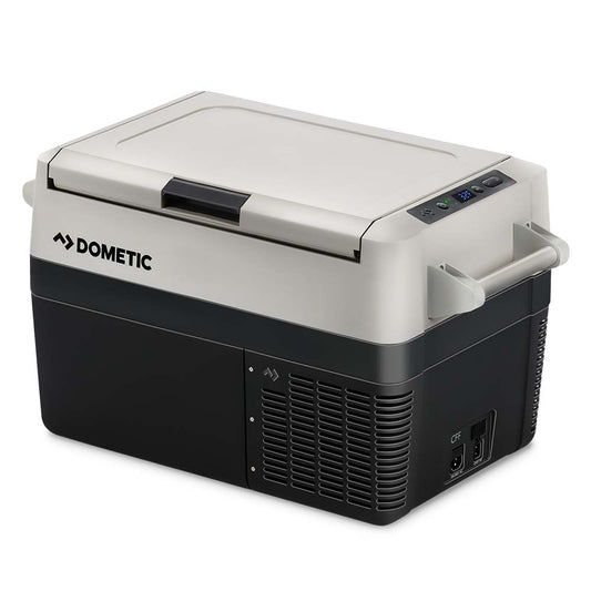 Dometic CFF 35 Powered Cooler with stylish design and double-hinged lid for outdoor use.