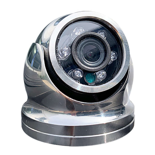 High definition Iris 3MP IP mini dome camera with stainless steel finish and 120-degree field of view.