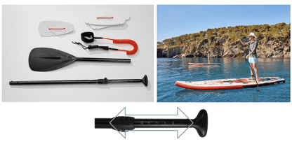 Red Shark SUP kit with adjustable paddle, leash, covers, and woman paddling on water bike.