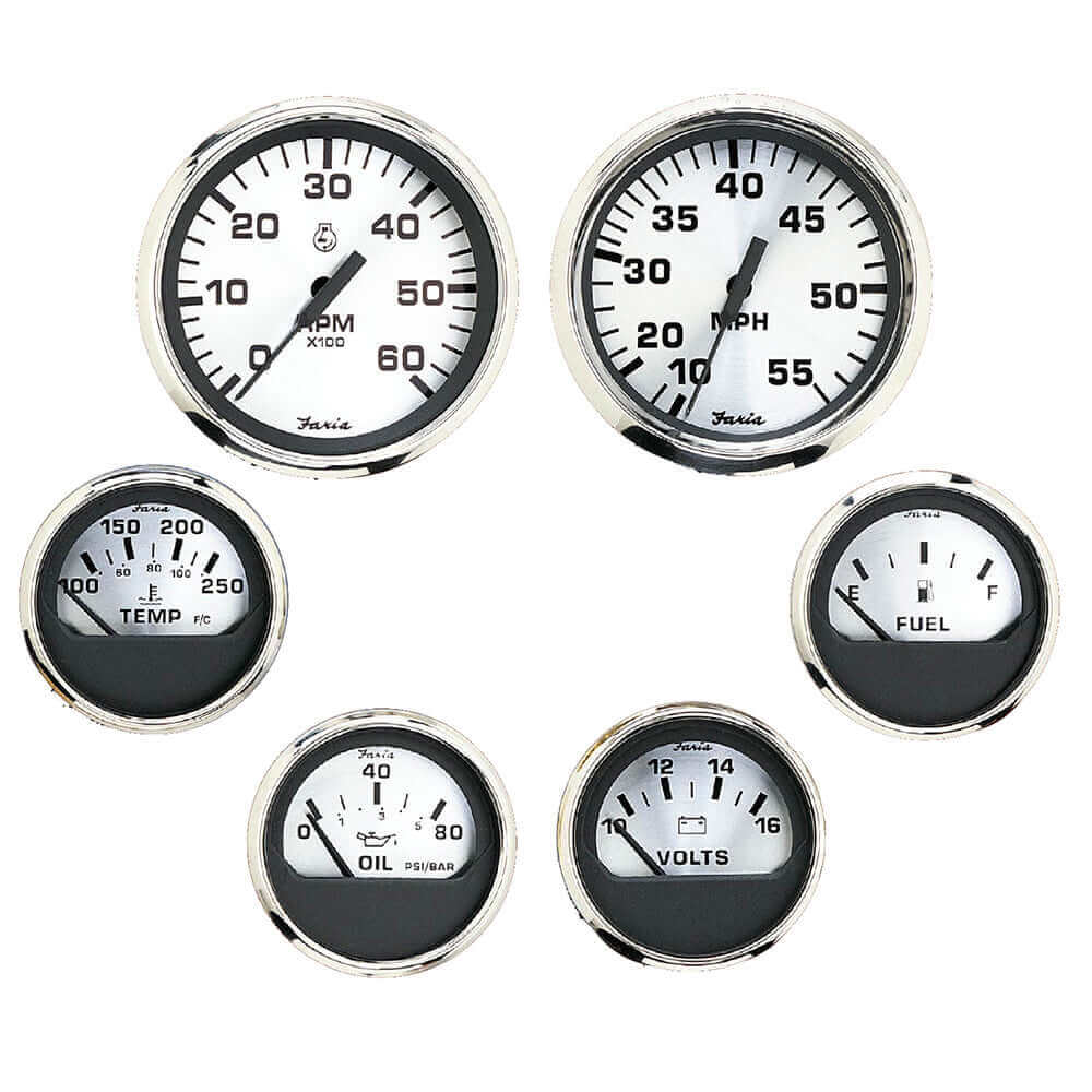 Faria Spun Silver Box Set of 6 Gauges f/ Inboard Engines - Speed, Tach, Voltmeter, Fuel Level, Water Temperature  Oil [KTF0184] - wetsquad