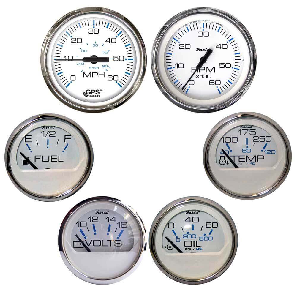 Faria Chesapeake White w/Stainless Steel Bezel Boxed Set of 6 - Speed, Tach, Fuel Level, Voltmeter, Water Temperature  Oil PSI - Inboard Motors [KTF063] - wetsquad