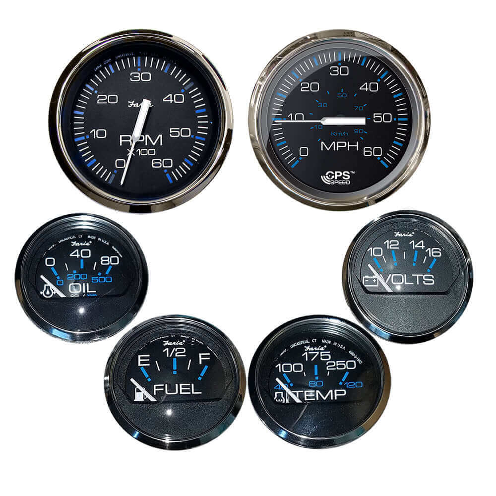 Faria Chesapeake Black w/Stainless Steel Bezel Boxed Set of 6 - Speed, Tach, Fuel Level, Voltmeter, Water Temperature  Oil PSI - Inboard Motors [KTF064] - wetsquad