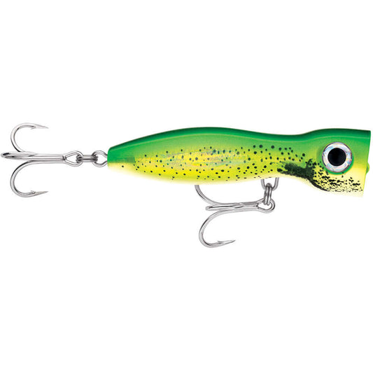 Rapala X-Rap Magnum Xplode 170 Dorado fishing lure with treble hooks and green-yellow design.