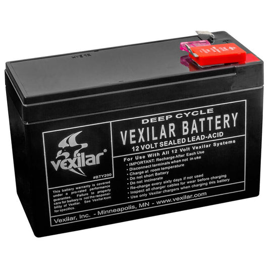 Vexilar 12V/9 AMP sealed lead-acid battery with fuse holder, featuring safety fuse on positive terminal.